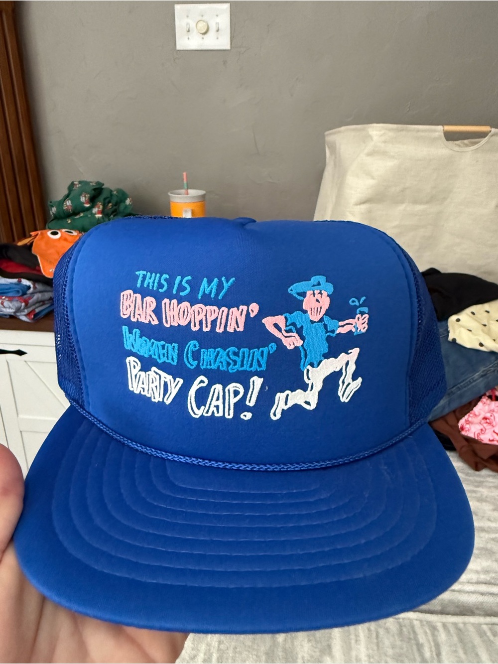 Royal Blue Men's Trucker Hat with Playful Party Graphic